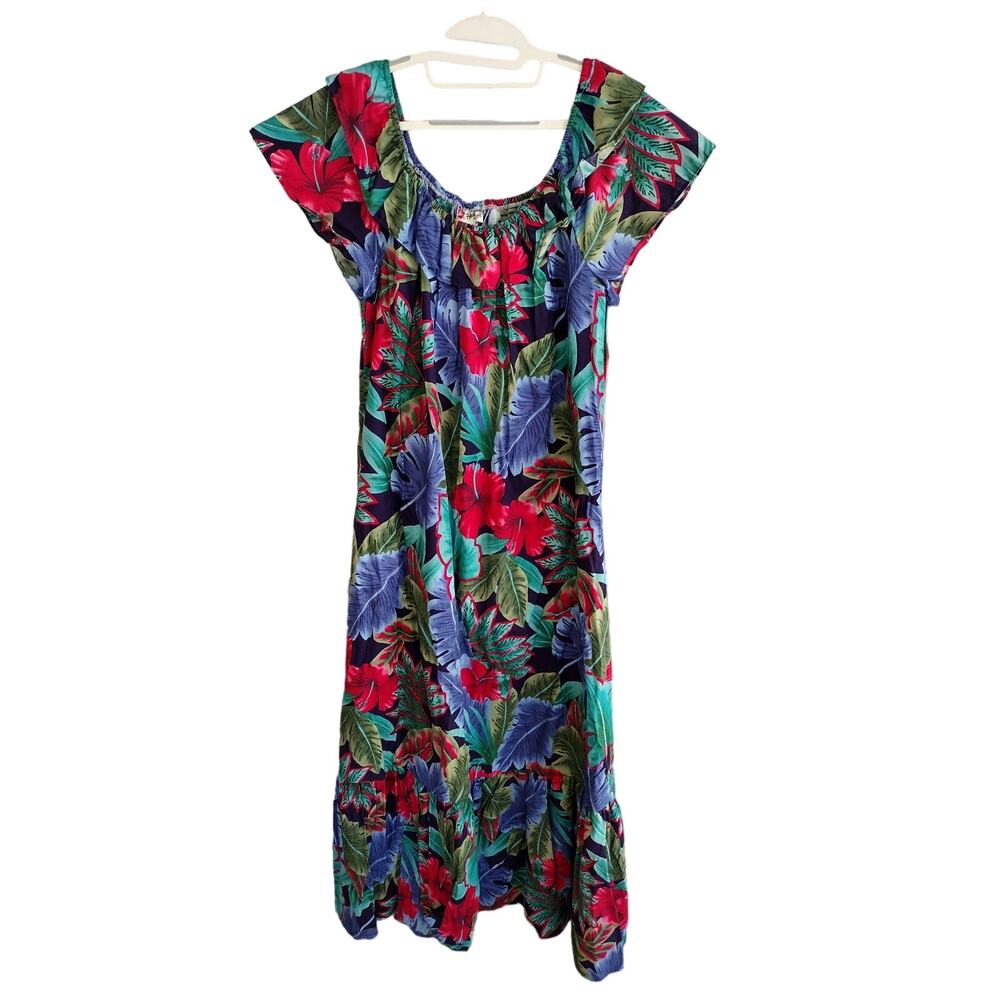 Vintage Hilo Hattie Tropical Floral Flutter Slv On/Off-Shoulder Maxi Dress TALL